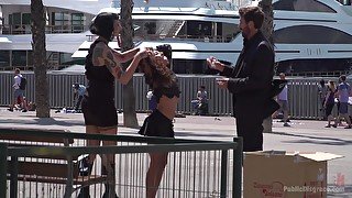 Public humiliation for kinky Mistress Minerva and Melody Petite