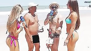 Brazilian Reporter On The Beach With Two Hot Babes