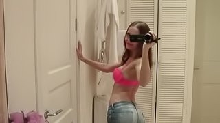 Sexy teen girl with perfect small tits shooting selfie
