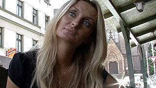 Real Czech amateur blonde with blue eyes fucks for quick cash