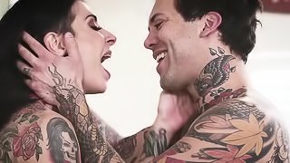 Tattooed guy gets to fuck Joanna Angel and her friend while they moan