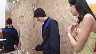 Teen babe gets interrupted during a shower and ends up fucking
