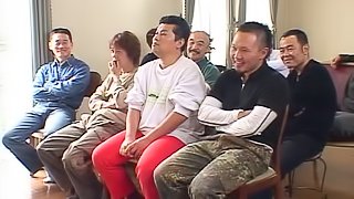 Married Asian MILF used by a large group of men while hubby watches