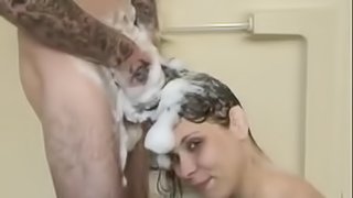 Hairjob from a sexy brunette in soapy