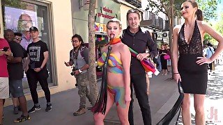 Buxom Tina Kay in a public humiliation session with Sienna Day