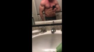 Showing off ripped sixpack abs in mirror, snapchat quickie