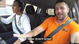 Fake Driving School Busty gym bunny big tits bounce as she squats on cock
