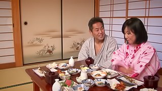 Japanese MILF serves her man some hot tea and wet pussy
