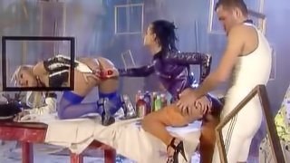Two hot girls in latex toy each other and ride big dick