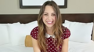 Beauty in a polka dot dress strips and fucks in the hotel room