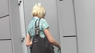 An innocent blonde sucks a strangers cock in a gas station bathroom