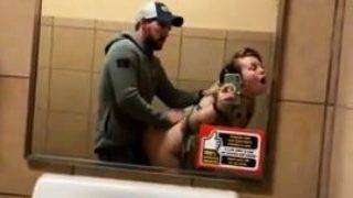 Slutty amateur teen fucked and facialized in a public toilet