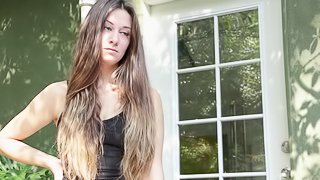 Alluring long hair babe with natural tits giving cock blowjob