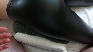 curvy amateur pawg milf in leather leggings gets fucked - loud moaning - cum on leather ass