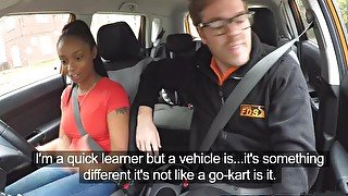 Fake Driving School ebony learner with big tits is worst driver yet