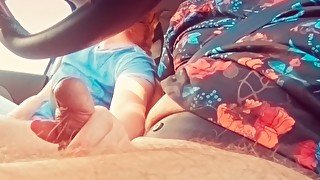 I helped my Driver Relax on a Long RoadTrip - Redhead Car Handjob Cumshot