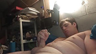 Fat ass jerks dick before bed and cums in own mouth