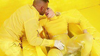 Naughty blonde babe Mimi Cica dressed in yellow moans while having sex