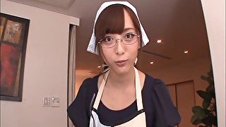 Two dudes fuck natural boobs maid Yu Namiki in the office. HD
