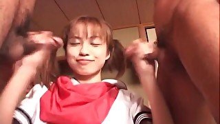 Spit roasted Japanese schoolgirl slut