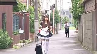 Naughty Japanese maid cleans men's hard pipes like a pro