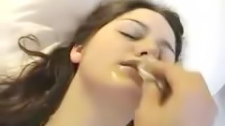 Amateur brunette gets her face covered with big load of cum