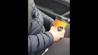 Step mom in black leggings with coffee wants to fuck in the car with step son 
