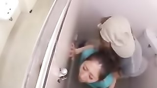 Diva in blue jeans and top gets a hard pussy pounding in the washroom.