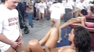 Public sex orgy with hot babes in a huge warehouse