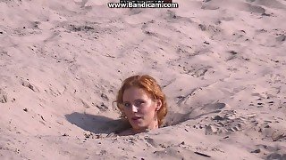 Ginger Chubby Girl Falls In The Sand And Takes All Clothes Off