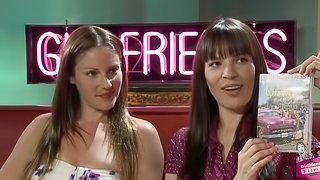 Raven-haired slutty lesbians in a cute interview show presented by Girlfriend films
