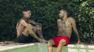 Tatted-up Latin boys Kendro and Milo enjoying poolside anal