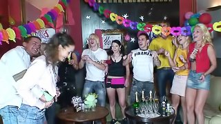 At a birthday party slutty chicks suck and fuck a male stripper