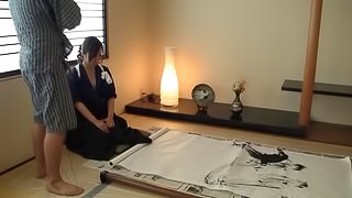 Good Japanese housewife cleans the house and pleases her man