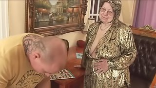 Granny masturbates before she gets rammed by a bald dude