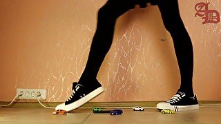 TRANNY GIANTESS CRUSHES TOY CARS IN SNEAKERS, MINI SKIRT AND DARK PANTYHOSES - 1 (CRUSH FETISH)