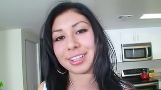 Hot Latina with a curvy body sucking a stranger's cock and balls