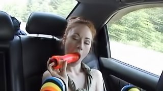 Masturbation in the car along sleazy teen