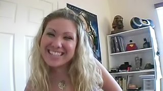 Blonde babe gets cumshot in her mouth after giving handjob in POV porn