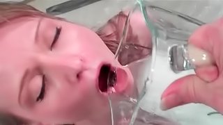 Dirty blonde slut drinking her own piss with lust