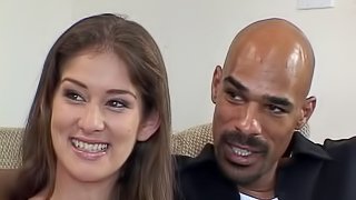 Black man makes a shy brunette moan as her lover watches