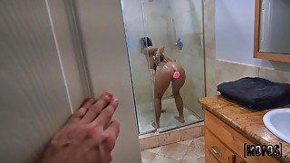 Spying on friend's hot sister fucking suction cup dildo in the shower