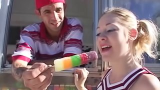 Blonde Cheerleader in uniform moans as she gets banged outdoor
