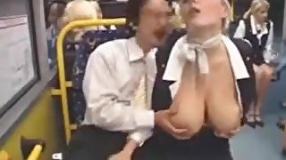 Busty Blonde Flight Attendant Jerks Off Japanese Guy Dude in Bus - Public Groping