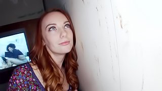 Redhead hussy Dani Jensen milks a gloryhole cock dry into her mouth