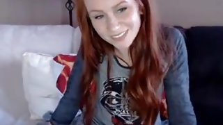 Redhead playing with shaved wet pussy dildo in ass