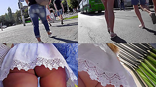 Upskirt vid of girl in tight skirt, wearing a g-string