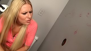 Blonde slut can't resist sucking a cock when she sees one
