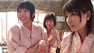 Lucky stud fucking 5 gorgeous Asian chicks outdoors