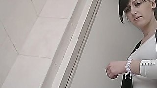 Cute brunette white girl flashes her ass in the toilet